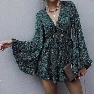 SHEIN green dot print tie front ruffle hem romper size s